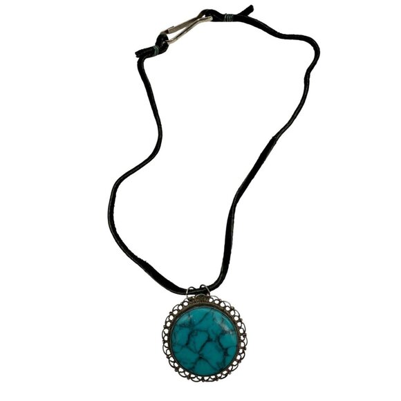 Vintage Sterling Silver Necklace With Turquoise Pendant & Black Cord 16" Length - Picture 1 of 2